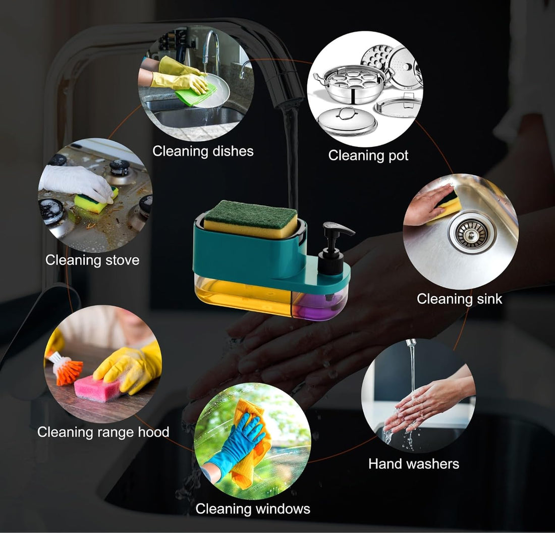 3 in 1 Dish Soap Liquid Dispenser & Sponge Holder for Kitchen Sink